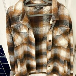 Plaid Button-Up Shirt Jacket - Brown and Cream